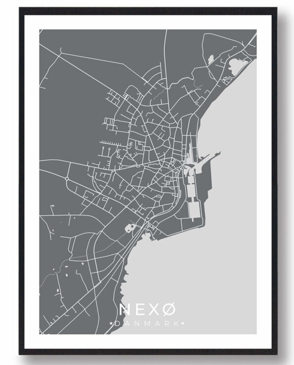 Nexø bykort i stilrent plakat design. Denne Nexø byplakat er med grå baggrund og viser Nexø kortet fra sin smukkeste side
