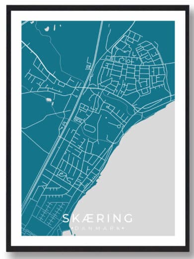 Skæring bykort i stilrent plakat design. Denne Skæring byplakat er med blå baggrund og viser Skæring kortet fra sin smukkeste side