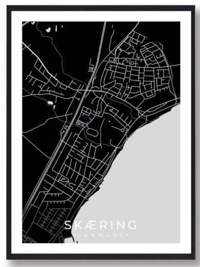 Skæring bykort i stilrent plakat design. Denne Skæring byplakat er med sort baggrund og viser Skæring kortet fra sin smukkeste side