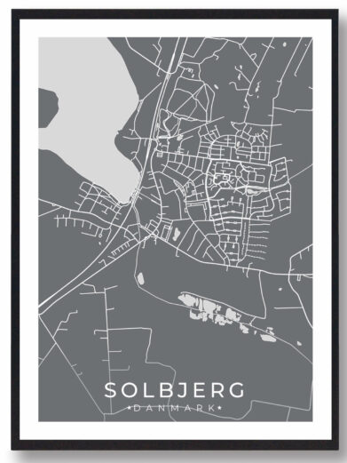 Solbjerg bykort i stilrent plakat design. Denne Solbjerg byplakat er med grå baggrund og viser Solbjerg kortet fra sin smukkeste side