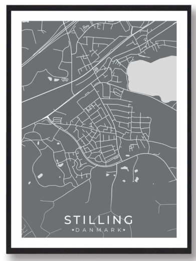 Stilling bykort i stilrent plakat design. Denne Stilling byplakat er med grå baggrund og viser Stilling kortet fra sin smukkeste side