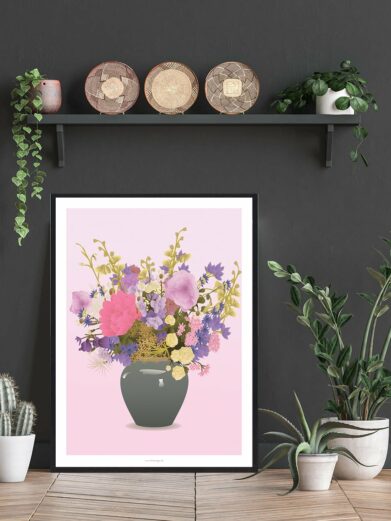 "Blomster i vase" poster: A vibrant floral arrangement with pink, purple, and yellow blooms in a gray vase against a soft pink backdrop.
