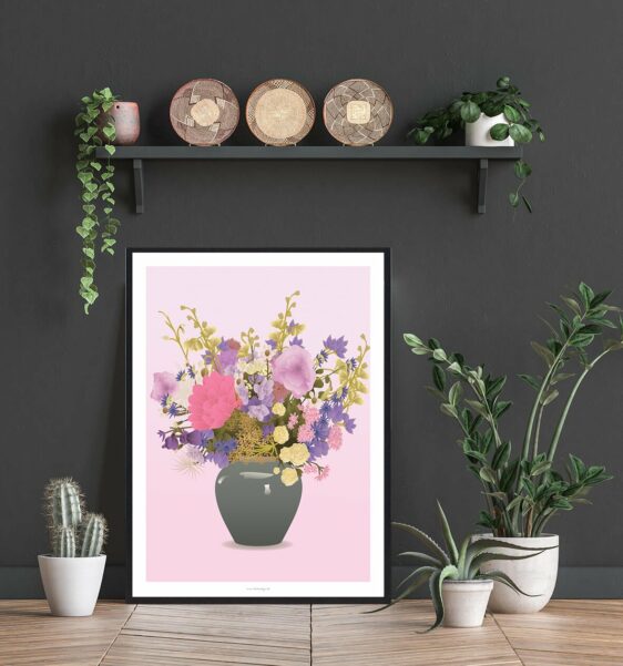 "Blomster i vase" poster: A vibrant floral arrangement with pink, purple, and yellow blooms in a gray vase against a soft pink backdrop.