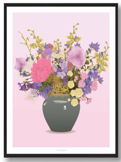 "Blomster i vase" plakat: An illustration of colorful flowers in a grey vase, against a light pink background. A nature poster.