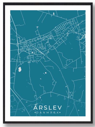 Årslev bykort i stilrent plakat design. Denne Årslev byplakat er med blå baggrund og viser Årslev kortet fra sin smukkeste side