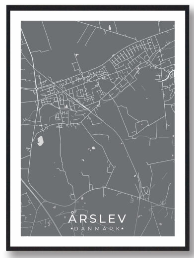 Årslev bykort i stilrent plakat design. Denne Årslev byplakat er med grå baggrund og viser Årslev kortet fra sin smukkeste side