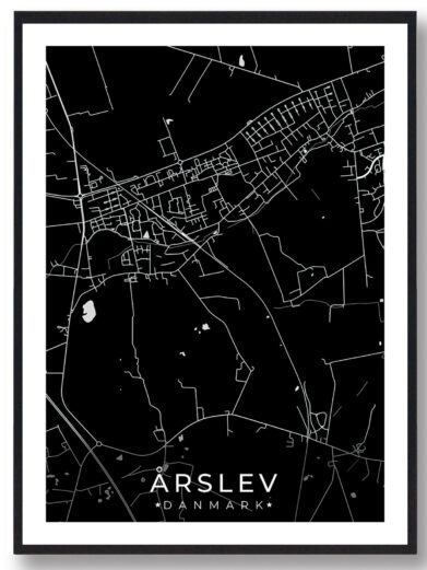 Årslev bykort i stilrent plakat design. Denne Årslev byplakat er med sort baggrund og viser Årslev kortet fra sin smukkeste side