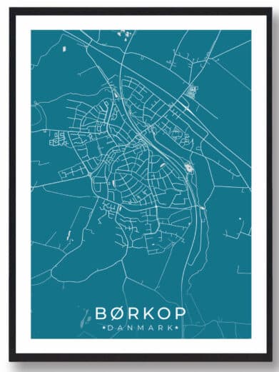 Børkop bykort i stilrent plakat design. Denne Børkop byplakat er med blå baggrund og viser Børkop kortet fra sin smukkeste side