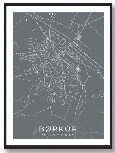 Børkop bykort i stilrent plakat design. Denne Børkop byplakat er med grå baggrund og viser Børkop kortet fra sin smukkeste side