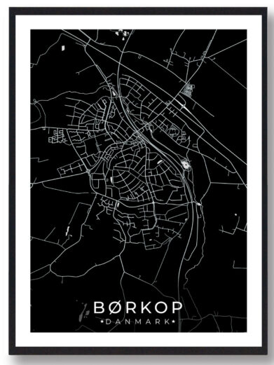 Børkop bykort i stilrent plakat design. Denne Børkop byplakat er med sort baggrund og viser Børkop kortet fra sin smukkeste side