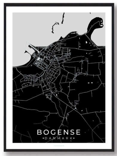 Bogense bykort i stilrent plakat design. Denne Bogense byplakat er med sort baggrund og viser Bogense kortet fra sin smukkeste side
