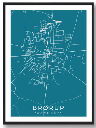 Brørup bykort i stilrent plakat design. Denne Brørup byplakat er med blå baggrund og viser Brørup kortet fra sin smukkeste side