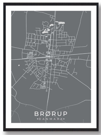 Brørup bykort i stilrent plakat design. Denne Brørup byplakat er med grå baggrund og viser Brørup kortet fra sin smukkeste side