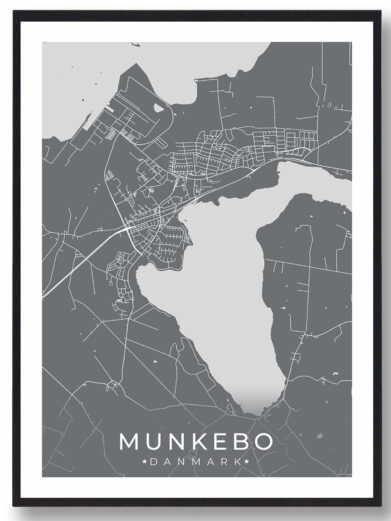 Munkebo bykort i stilrent plakat design. Denne Munkebo byplakat er med grå baggrund og viser Munkebo kortet fra sin smukkeste side