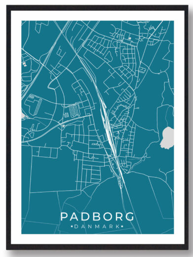 Padborg bykort i stilrent plakat design. Denne Padborg byplakat er med blå baggrund og viser Padborg kortet fra sin smukkeste side