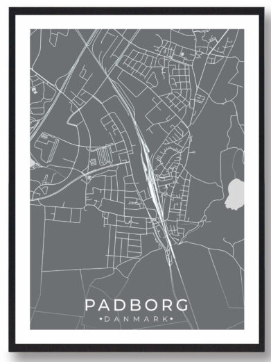 Padborg bykort i stilrent plakat design. Denne Padborg byplakat er med grå baggrund og viser Padborg kortet fra sin smukkeste side