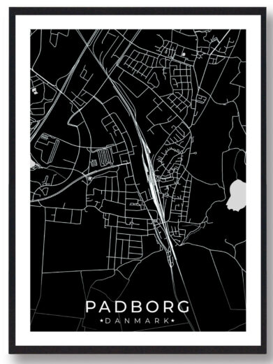 Padborg bykort i stilrent plakat design. Denne Padborg byplakat er med sort baggrund og viser Padborg kortet fra sin smukkeste side