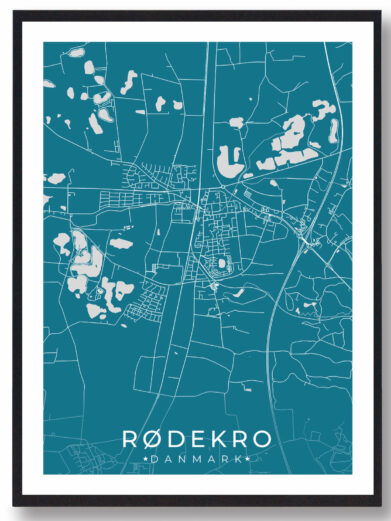 Rødekro bykort i stilrent plakat design. Denne Rødekro byplakat er med blå baggrund og viser Rødekro kortet fra sin smukkeste side