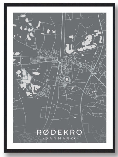 Rødekro bykort i stilrent plakat design. Denne Rødekro byplakat er med grå baggrund og viser Rødekro kortet fra sin smukkeste side