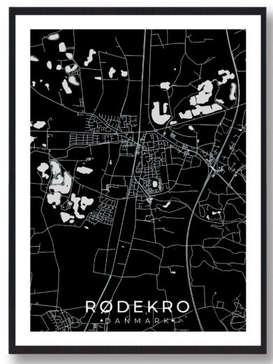 Rødekro bykort i stilrent plakat design. Denne Rødekro byplakat er med sort baggrund og viser Rødekro kortet fra sin smukkeste side