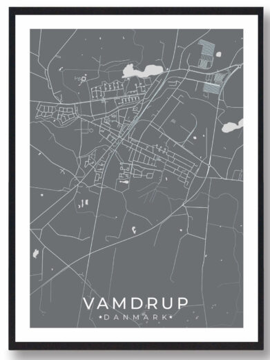 Vamdrup bykort i stilrent plakat design. Denne Vamdrup byplakat er med grå baggrund og viser Vamdrup kortet fra sin smukkeste side