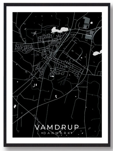 Vamdrup bykort i stilrent plakat design. Denne Vamdrup byplakat er med sort baggrund og viser Vamdrup kortet fra sin smukkeste side