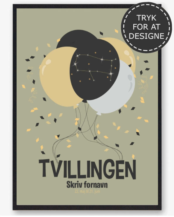 Personlig stjernetegnsplakat med tvillingerne. Plakaten er perfekt til barnedåb eller fødselsdag, hvis barnet er født i tvillingernes stjernetegn. Du gør den personlig, ved at kunne skrive navnet som skal på stjernetegnsplakat.