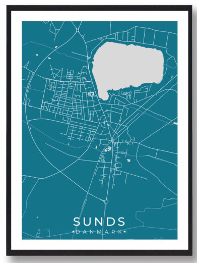 Sunds bykort i stilrent plakat design. Denne Sunds byplakat er med blå baggrund og viser Sunds kortet fra sin smukkeste side