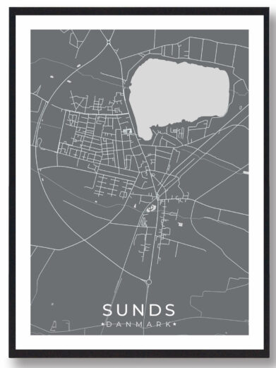 Sunds bykort i stilrent plakat design. Denne Sunds byplakat er med grå baggrund og viser Sunds kortet fra sin smukkeste side