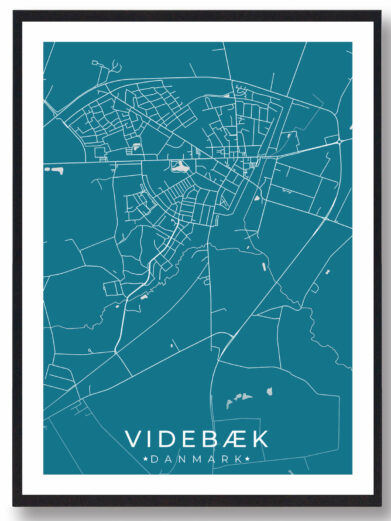 Videbæk bykort i stilrent plakat design. Denne Videbæk byplakat er med blå baggrund og viser Videbæk kortet fra sin smukkeste side