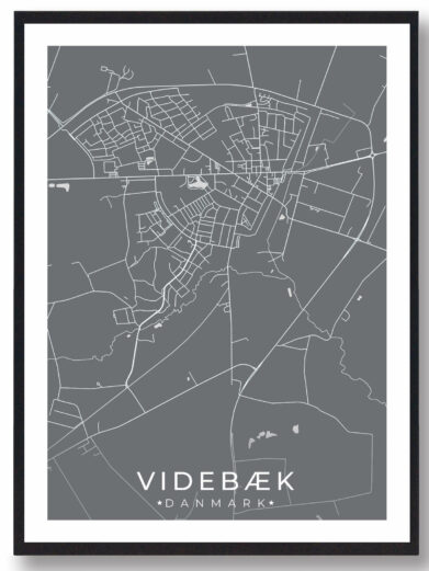 Videbæk bykort i stilrent plakat design. Denne Videbæk byplakat er med grå baggrund og viser Videbæk kortet fra sin smukkeste side