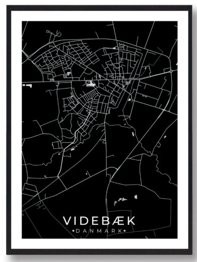 Videbæk bykort i stilrent plakat design. Denne Videbæk byplakat er med sort baggrund og viser Videbæk kortet fra sin smukkeste side