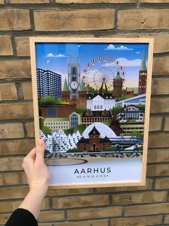 byplakat af Aarhus med billede af nogle af de mest kendte attraktioner i Aarhus