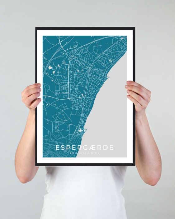 Espergærde bykort i stilrent plakat design. Denne Espergærde byplakat er med blå baggrund og viser Espergærde kortet fra sin smukkeste side
