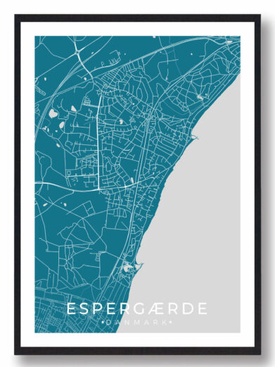Espergærde bykort i stilrent plakat design. Denne Espergærde byplakat er med blå baggrund og viser Espergærde kortet fra sin smukkeste side