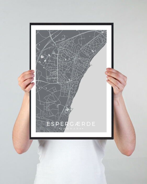 Espergærde bykort i stilrent plakat design. Denne Espergærde byplakat er med grå baggrund og viser Espergærde kortet fra sin smukkeste side