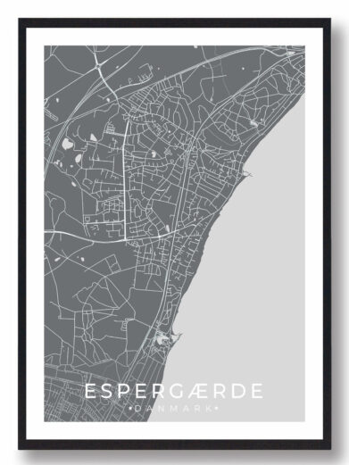 Espergærde bykort i stilrent plakat design. Denne Espergærde byplakat er med grå baggrund og viser Espergærde kortet fra sin smukkeste side