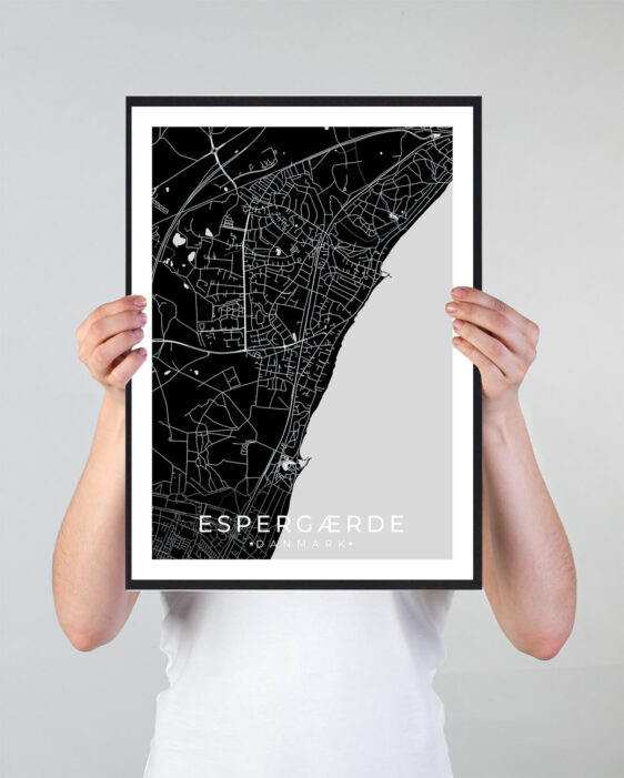 Espergærde bykort i stilrent plakat design. Denne Espergærde byplakat er med sort baggrund og viser Espergærde kortet fra sin smukkeste side