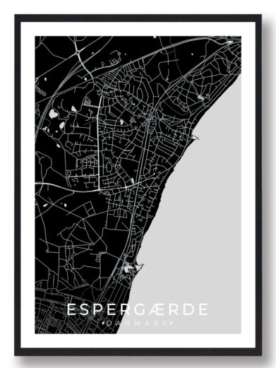 Espergærde bykort i stilrent plakat design. Denne Espergærde byplakat er med sort baggrund og viser Espergærde kortet fra sin smukkeste side