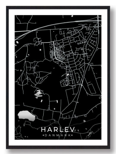 Harlev bykort i stilrent plakat design. Denne Harlev byplakat er med sort baggrund og viser Harlev kortet fra sin smukkeste side