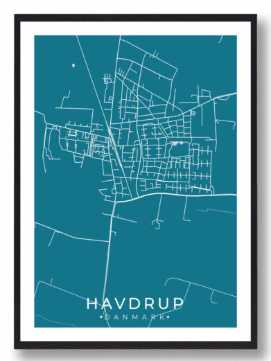 Havdrup bykort i stilrent plakat design. Denne Havdrup byplakat er med blå baggrund og viser Havdrup kortet fra sin smukkeste side