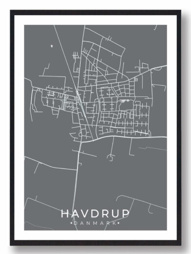 Havdrup bykort i stilrent plakat design. Denne Havdrup byplakat er med grå baggrund og viser Havdrup kortet fra sin smukkeste side
