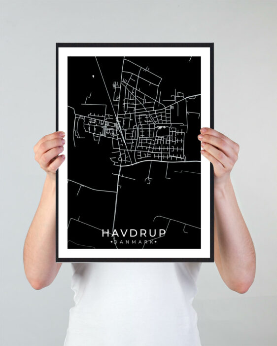 Havdrup bykort i stilrent plakat design. Denne Havdrup byplakat er med sort baggrund og viser Havdrup kortet fra sin smukkeste side