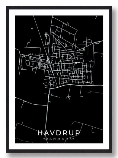 Havdrup bykort i stilrent plakat design. Denne Havdrup byplakat er med sort baggrund og viser Havdrup kortet fra sin smukkeste side