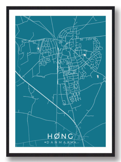 Høng bykort i stilrent plakat design. Denne Høng byplakat er med blå baggrund og viser Høng kortet fra sin smukkeste side
