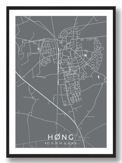 Høng bykort i stilrent plakat design. Denne Høng byplakat er med grå baggrund og viser Høng kortet fra sin smukkeste side