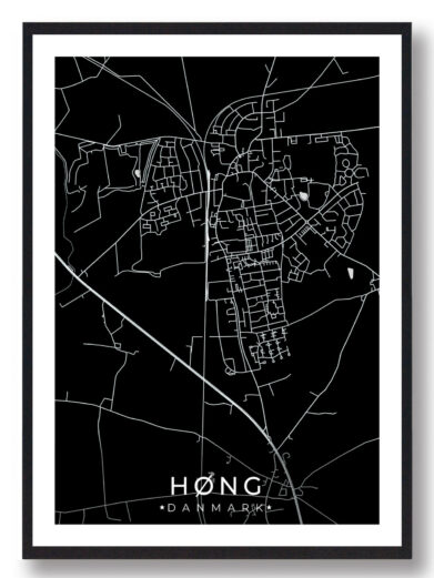 Høng bykort i stilrent plakat design. Denne Høng byplakat er med sort baggrund og viser Høng kortet fra sin smukkeste side