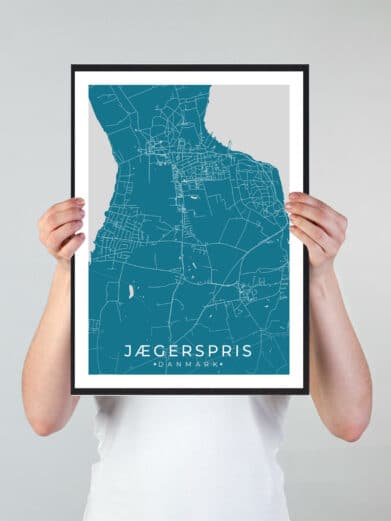 Jægerpris bykort i stilrent plakat design. Denne Jægerpris byplakat er med blå baggrund og viser Jægerpris kortet fra sin smukkeste side