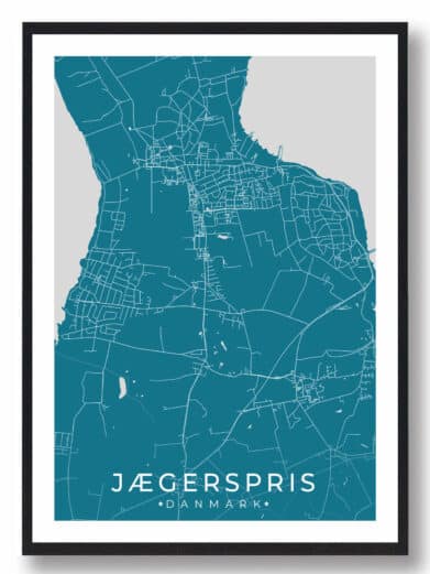 Jægerpris bykort i stilrent plakat design. Denne Jægerpris byplakat er med blå baggrund og viser Jægerpris kortet fra sin smukkeste side