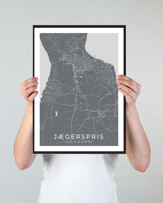 Jægerpris bykort i stilrent plakat design. Denne Jægerpris byplakat er med grå baggrund og viser Jægerpris kortet fra sin smukkeste side